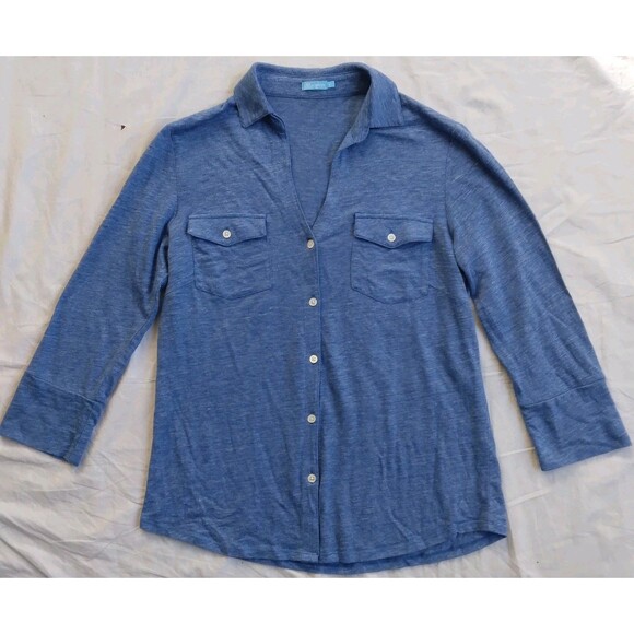 J.McLaughlin Brynn 3/4 Sleeve Shirt Henley Blue Linen Blend Women's Size Small - Picture 1 of 12